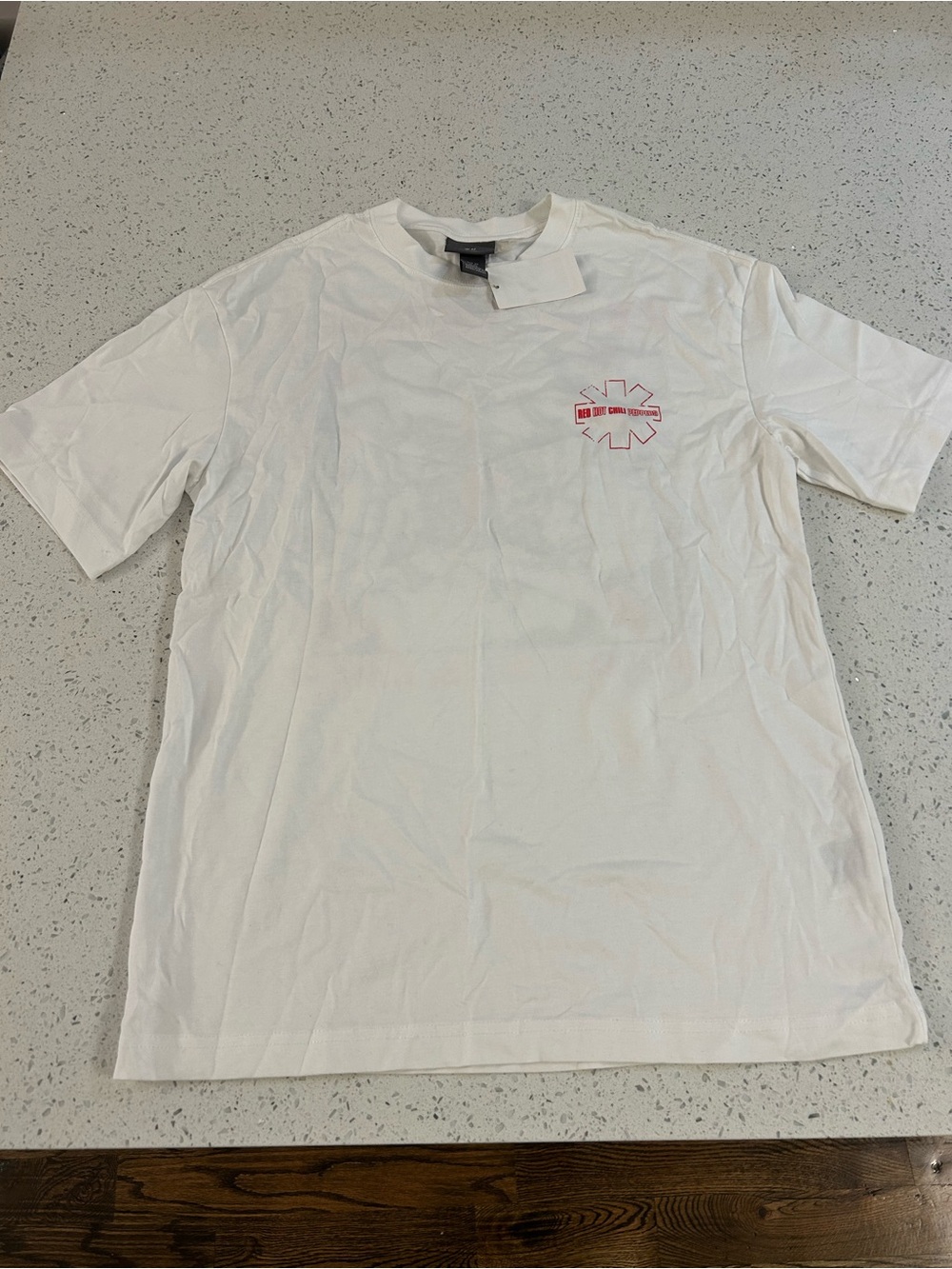 H&M White Short-Sleeve Tee with Small Red Chest Graphic